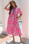 Puff Sleeve Floral Print Contrast Placket Tiered Midi Dress With Pockets